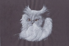 Painting of a white cat on a black background