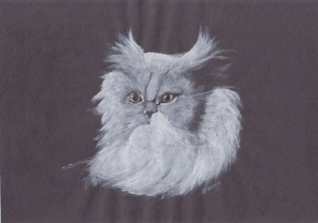 Painting of a white cat on a black background