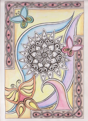 Coloring page - Butterfy Tangle. My first drawing with watercolor pencil.